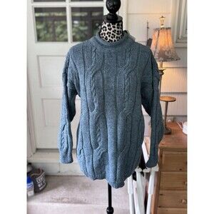 Gaelterra brand wool sweater Teal Cable Knit New Medium Irish Knit Roll Collar